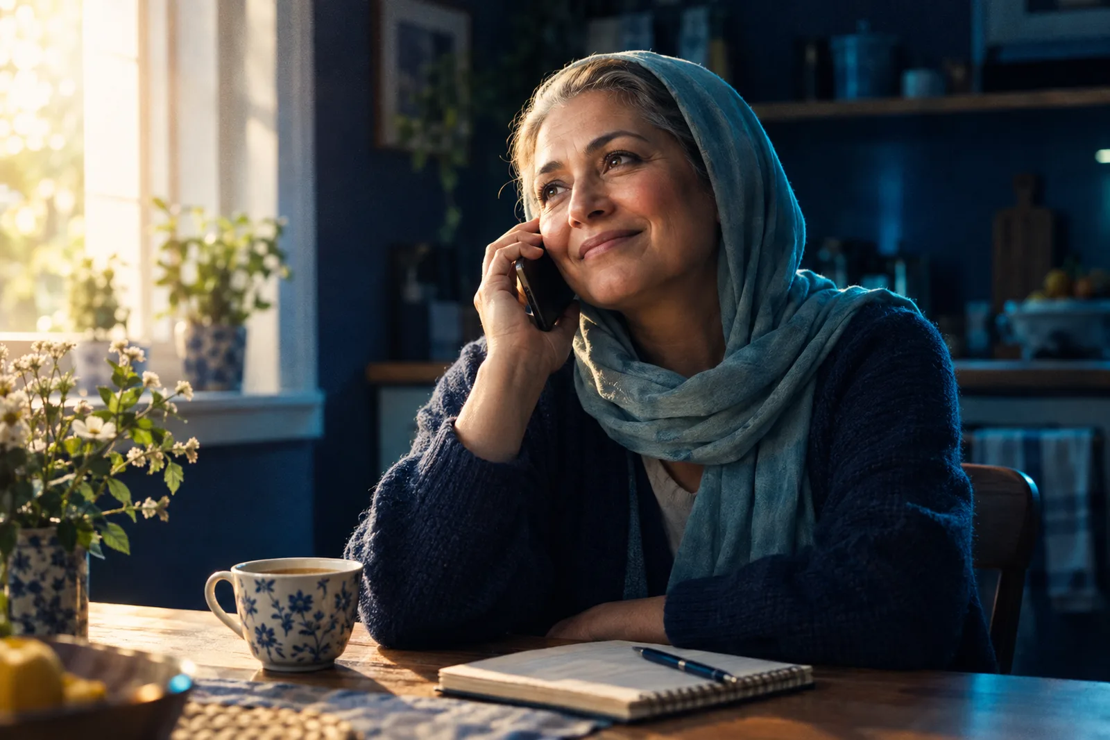 A patient at home on the phone, relieved after scheduling